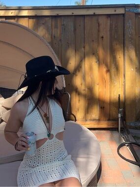 Cream Crochet Halter Top Open Knit Cutout Boho Beach Summer bikini coverup Y2K